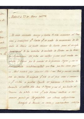 Carta particular de Manuel Sixto Espinosa a Francisco de Saavedra, sobre asuntos relativos a la C...