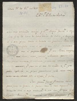 Carta de Francisco de Saavedra a Eusebio Bardaji, dando cuenta de su feliz llegada a Ceuta y prop...