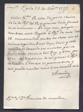 Carta del conde de Aranda a Francisco de Saavedra, en la que le ofrece su colaboración