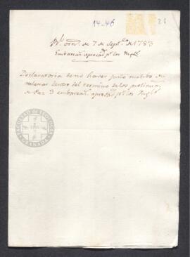 Real Orden de José de Gálvez al intendente de Caracas, Francisco de Saavedra, confirmando la impo...