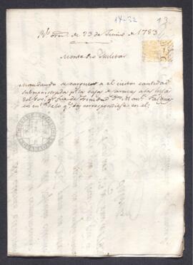 Real Orden de José de Gálvez al intendente de Caracas, Francisco de Saavedra, aprobando un socorr...
